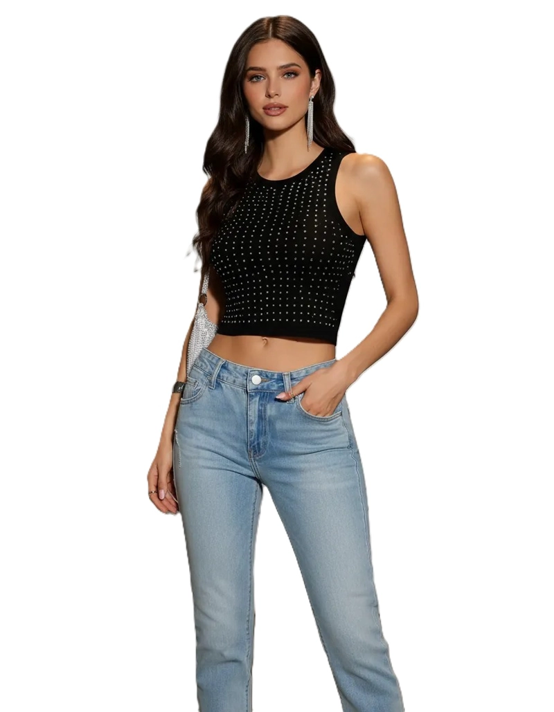 CROP TOP CORTO  PARA MUJER SIN MANGAS Y CON BRILLOS CUADRADOS - 4