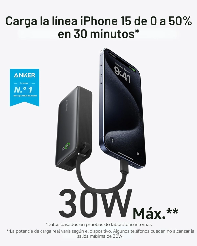 ANKER NANO POWER BANK, CARGADOR PORTATIL DE 10,000 MAH CON CABLE USB-C INTEGRADO, RECARGA DE 30 W, - 2