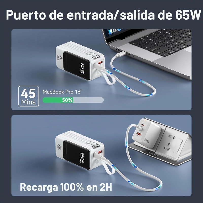 BANCO DE ENERGIA DE CARGA RAPIDA 18400MAH 65W CARGADOR PORTATIL PARA LAPTOP, PANTALLA LED, PAQUETE - 3