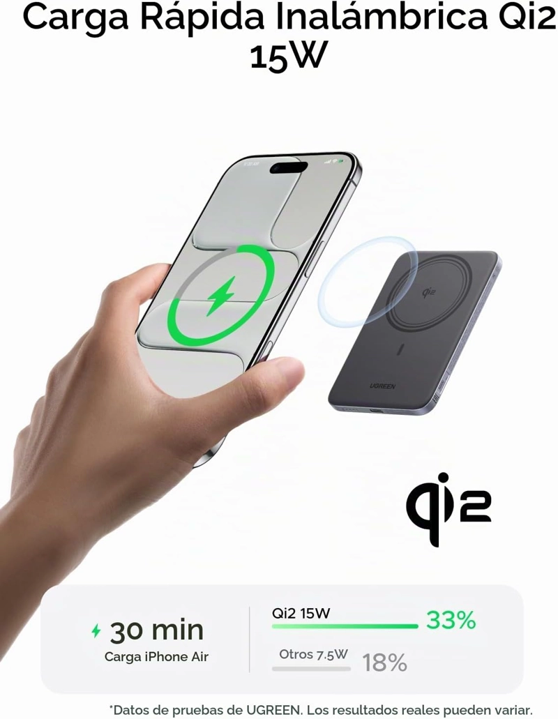 UGREEN MAGFLOW AIR QI2 POWER BANK, BATERIA MAGNE TICA ULTRAFINA DE 5000 MAH DE 0.339 IN, CARGADOR - 2