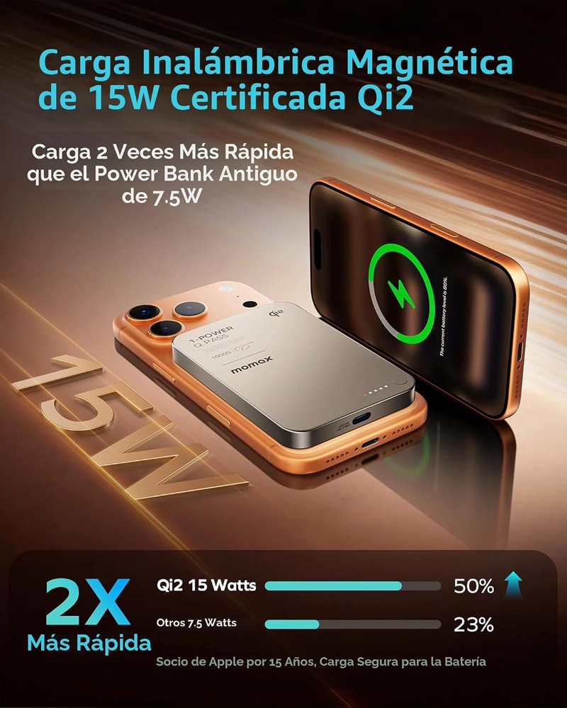 MOMAX BANCO MAGNE TICO DEL PODER QI2, CARGADOR PORTATIL DIARIO 10000MAH - 2