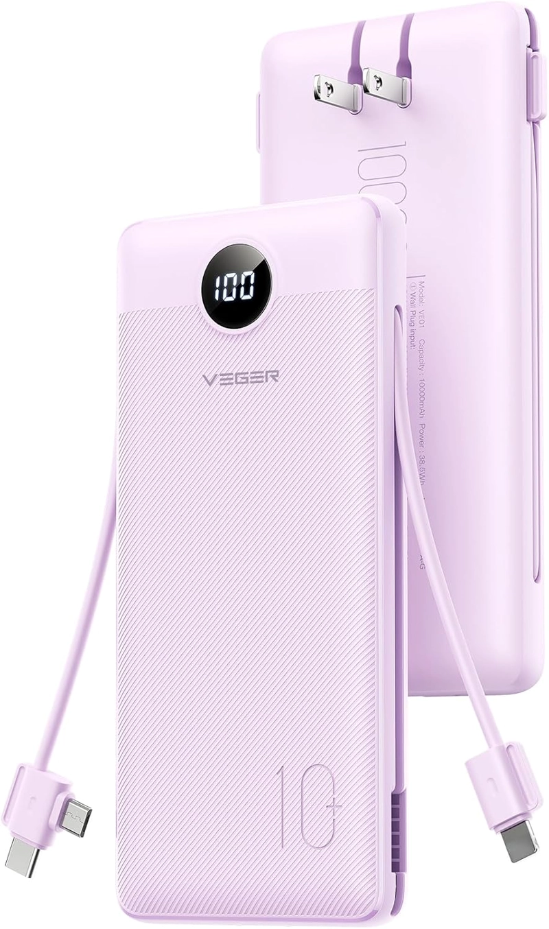 VEGER CARGADOR PORTATIL, BANCO DE ENERGIA DE 10000 MAH, ENCHUFE DE PARED INTEGRADO Y CABLES - 1