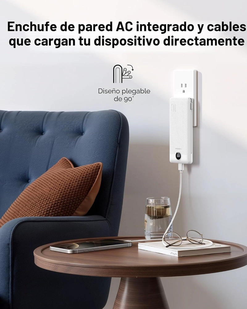VEGER CARGADOR PORTATIL, BANCO DE ENERGIA DE 10000 MAH, ENCHUFE DE PARED INTEGRADO Y CABLES - 2