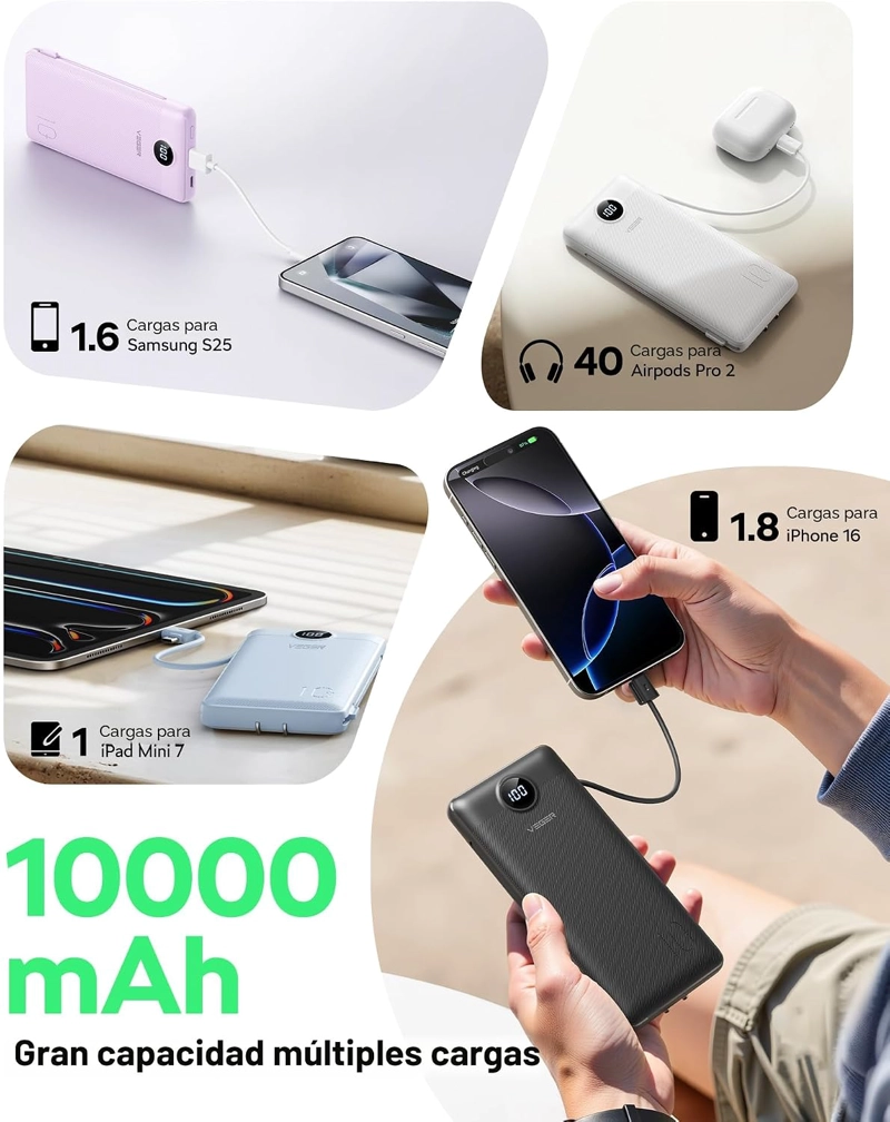 VEGER CARGADOR PORTATIL, BANCO DE ENERGIA DE 10000 MAH, ENCHUFE DE PARED INTEGRADO Y CABLES - 4