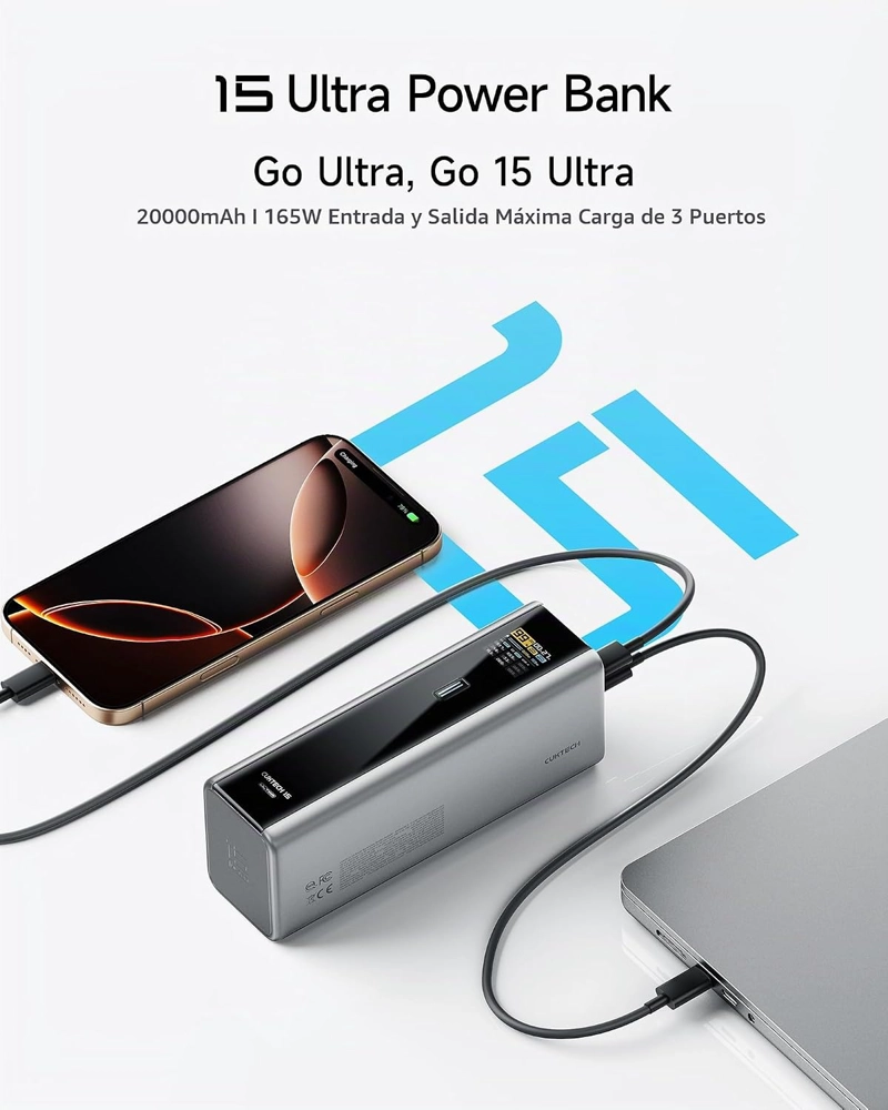 CUKTECH 15 ULTRA POWER BANK PARA LAPTOP, CARGADOR PORTATIL DE 20,000MAH 140W, PANTALLA INTELIGENTE, - 2