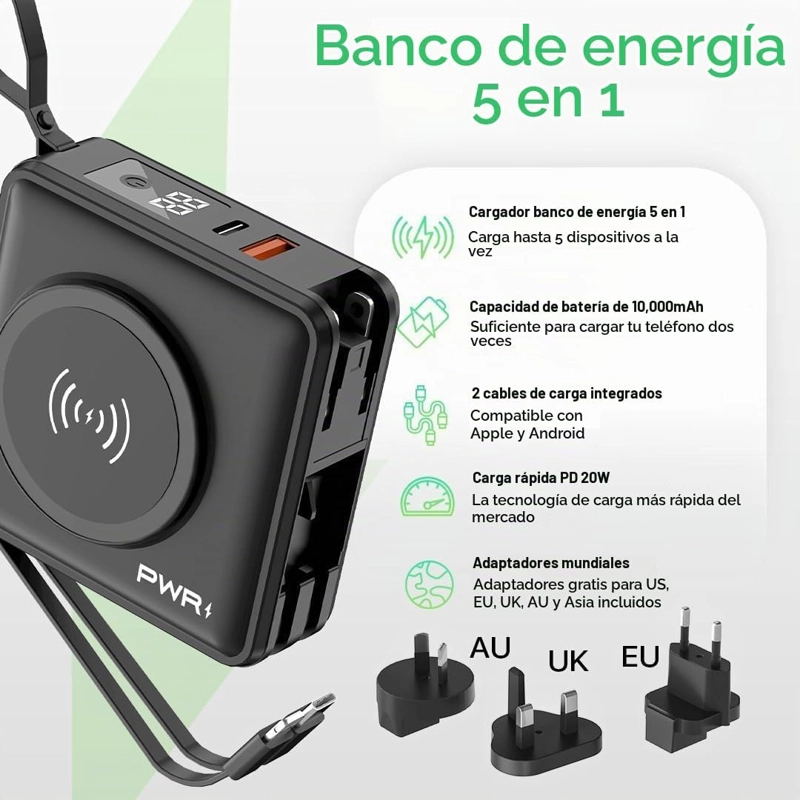 PWRMOBILE PWR TRAVEL PRO - BANCO DE ENERGIA 5 EN 1, 10,000 MAH CON CABLES INTEGRADOS, 20 W USB-C - 2