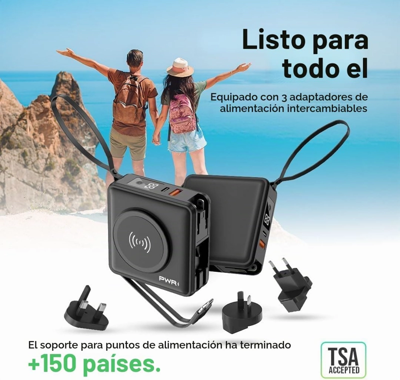 PWRMOBILE PWR TRAVEL PRO - BANCO DE ENERGIA 5 EN 1, 10,000 MAH CON CABLES INTEGRADOS, 20 W USB-C - 4