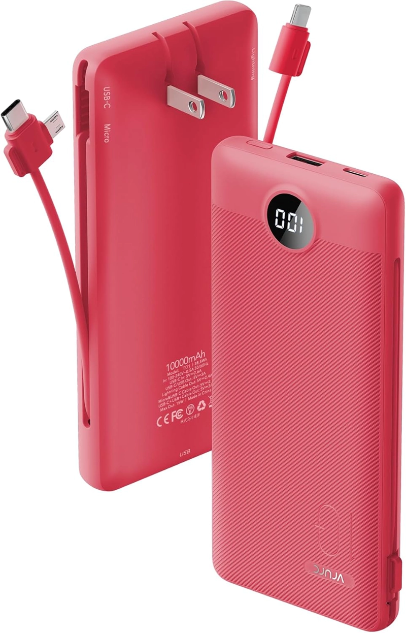 CARGADOR PORTATIL CON CABLES INTEGRADOS Y ENCHUFE DE PARED AC, VRURC POWER BANK USB C DE 10000MAH, - 1