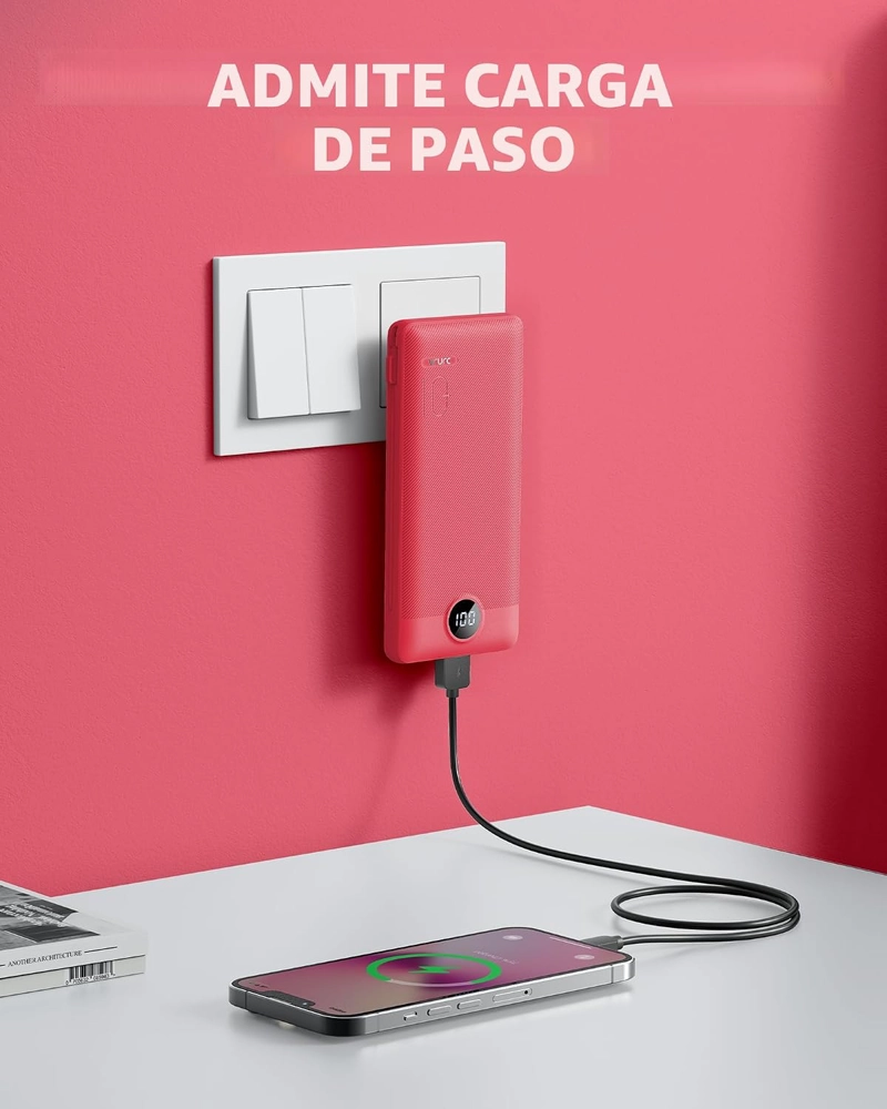 CARGADOR PORTATIL CON CABLES INTEGRADOS Y ENCHUFE DE PARED AC, VRURC POWER BANK USB C DE 10000MAH, - 2