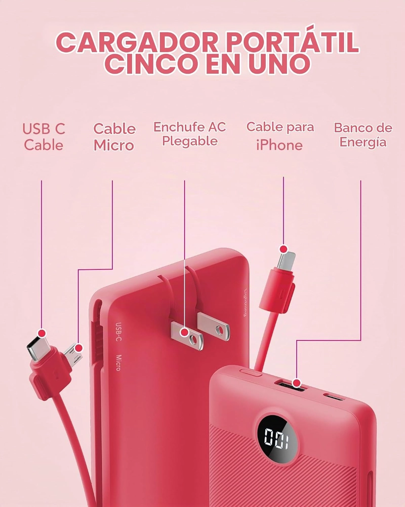 CARGADOR PORTATIL CON CABLES INTEGRADOS Y ENCHUFE DE PARED AC, VRURC POWER BANK USB C DE 10000MAH, - 3