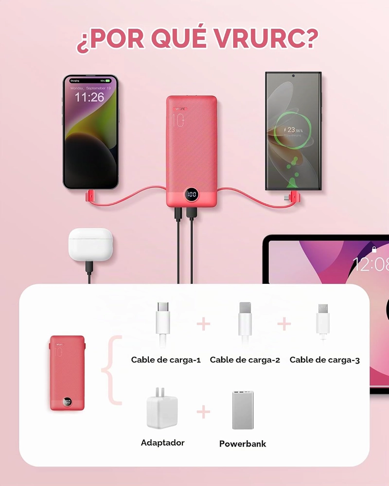 CARGADOR PORTATIL CON CABLES INTEGRADOS Y ENCHUFE DE PARED AC, VRURC POWER BANK USB C DE 10000MAH, - 4