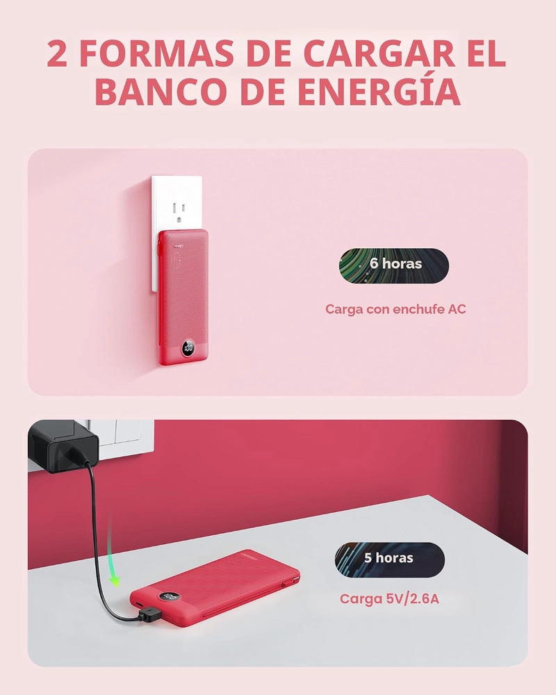 CARGADOR PORTATIL CON CABLES INTEGRADOS Y ENCHUFE DE PARED AC, VRURC POWER BANK USB C DE 10000MAH, - 5