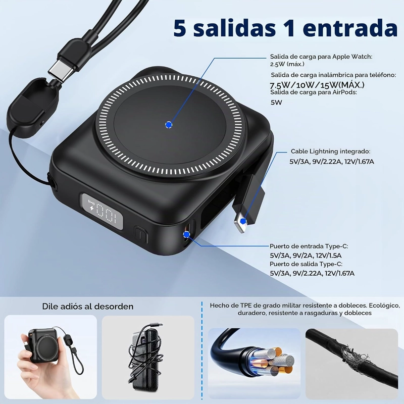 CARGADOR PORTATIL DE 20000 MAH DE 22.5 W DE CARGA RAPIDA PARA IWATCH, CABLES INTEGRADOS, PANTALLA - 4