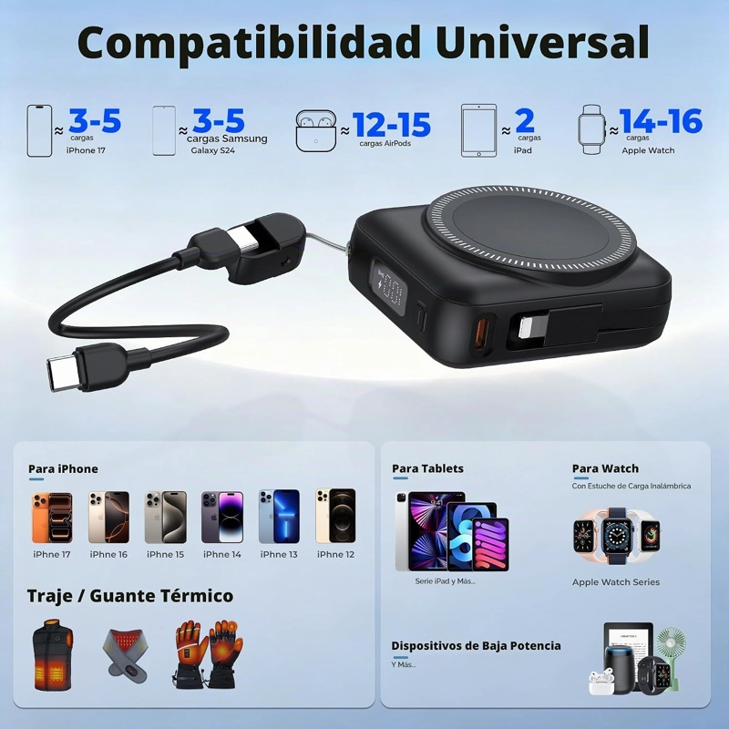 CARGADOR PORTATIL DE 20000 MAH DE 22.5 W DE CARGA RAPIDA PARA IWATCH, CABLES INTEGRADOS, PANTALLA - 5