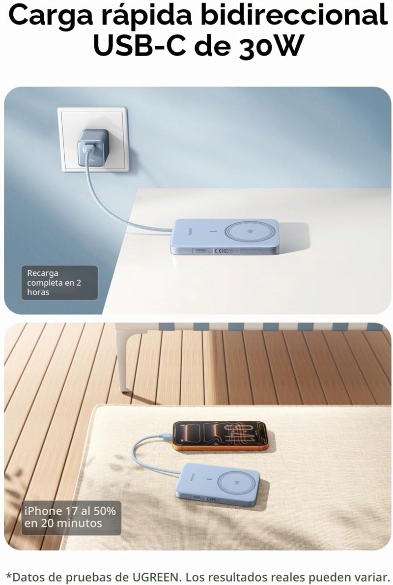 UGREEN MAGFLOW AIR QI2 - BANCO DE ENERGIA MAGNE TICO DE 10000 MAH, CARGADOR PORTATIL INALAMBRICO - 4