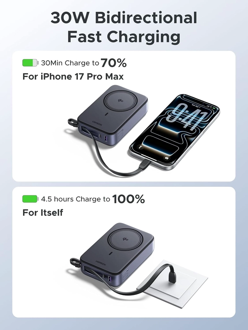 UGREEN 20000MAH QI2 15W BANCO DE ENERGIA, CABLE INCORPORADO PD 30W PARA EL IPHONE 17 - 3