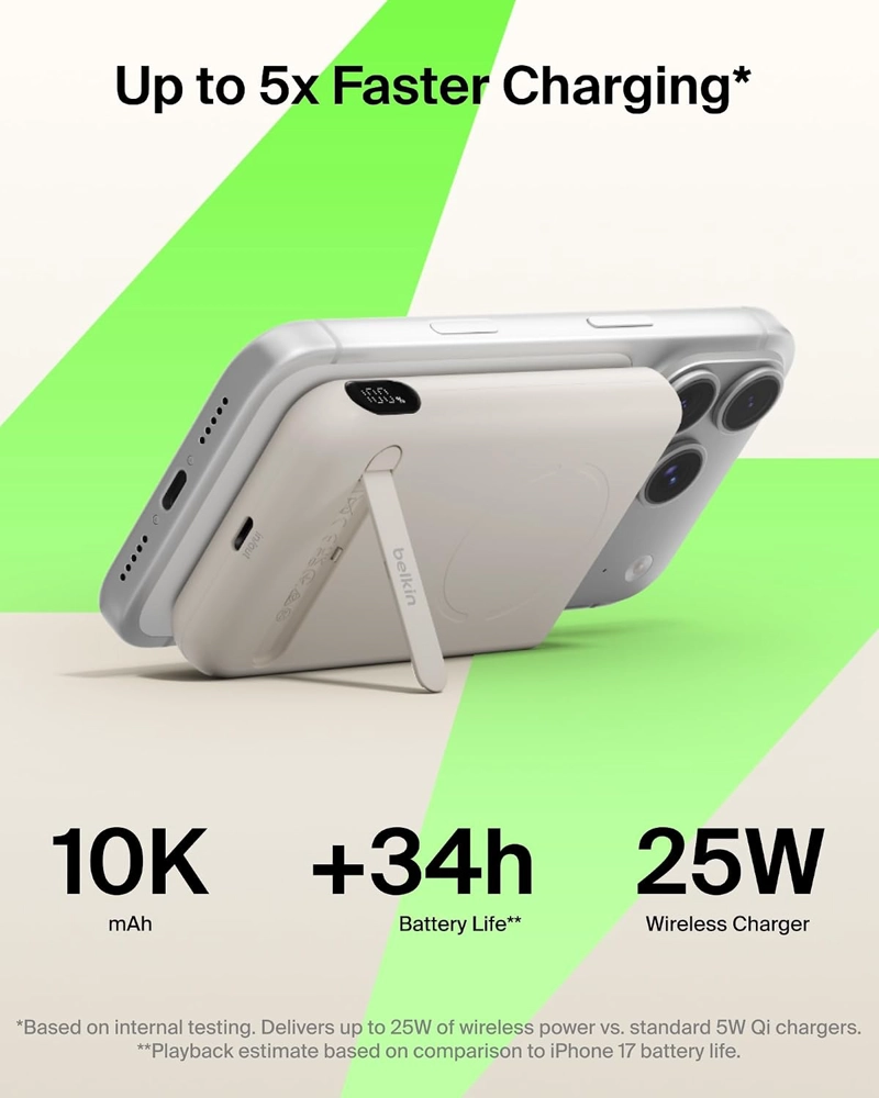 BELKIN MAGSAFE POWER BANK 10,000MAH, QI2.2 CARGADOR PORTATIL DE 25 W CON SOPORTE, PARTE TRASERA - 2