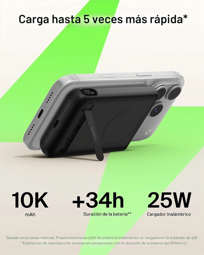BELKIN MAGSAFE POWER BANK 10,000MAH, QI2.2 CARGADOR PORTATIL DE 25 W CON SOPORTE, PARTE TRASERA - 2