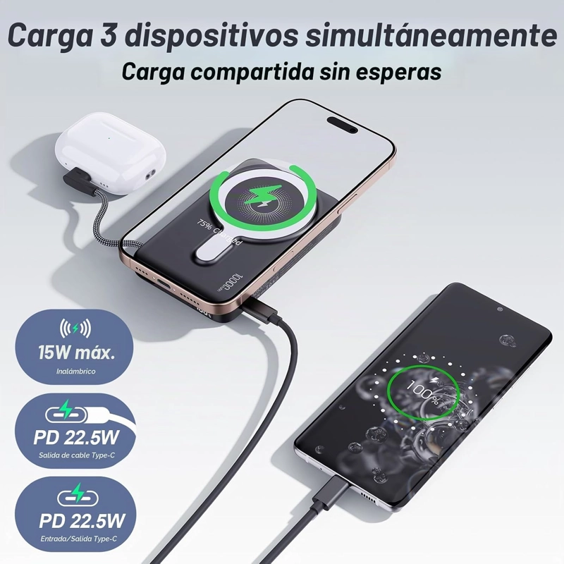 BANCO DE ENERGIA INALAMBRICO M3 ULTRA SLIM DE 0.4 PULGADAS, CARGADOR PORTATIL MAGNE TICO DE 10000 - 3
