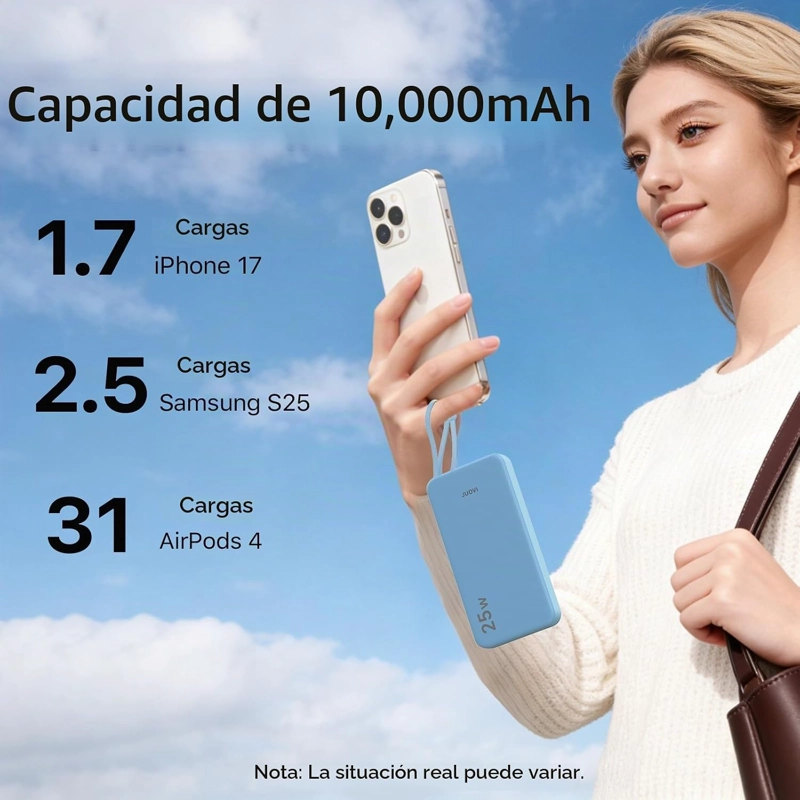 NOBIS CARGADOR PORTATIL DE 10000 MAH 25 W, BATERIA DE CARGA RAPIDA CON CABLE TIPO C INTEGRADO, - 2
