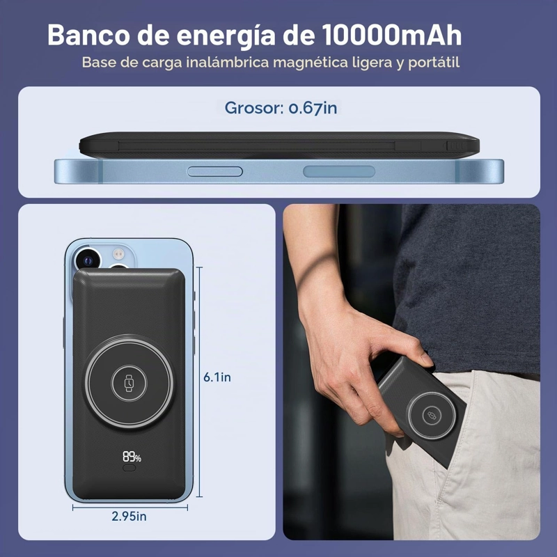 CARGADOR PORTATIL MAGNE TICO DE 10000MAH PARA IWATCH Y IPHONE, BANCO DE ENERGIA INALAMBRICO DE 22.5W - 5