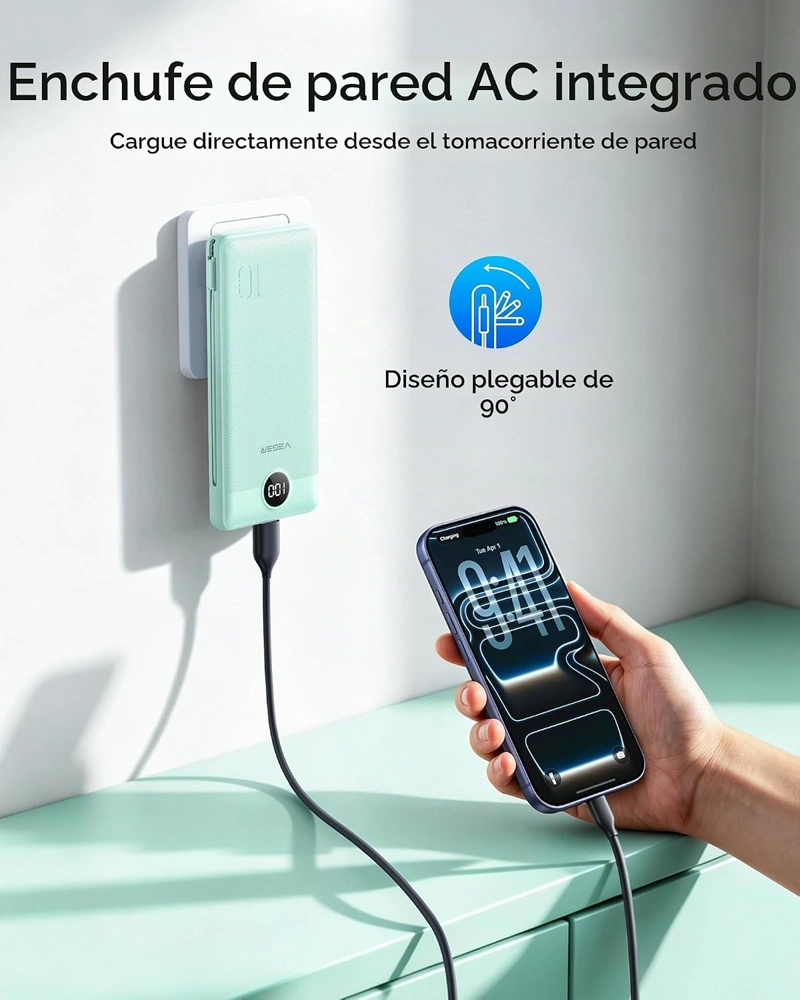 VEGER CARGADOR PORTATIL CON ENCHUFE AC INCORPORADO Y CABLES, BANCO DE ENERGIA ULTRADELGADO TODO - 2