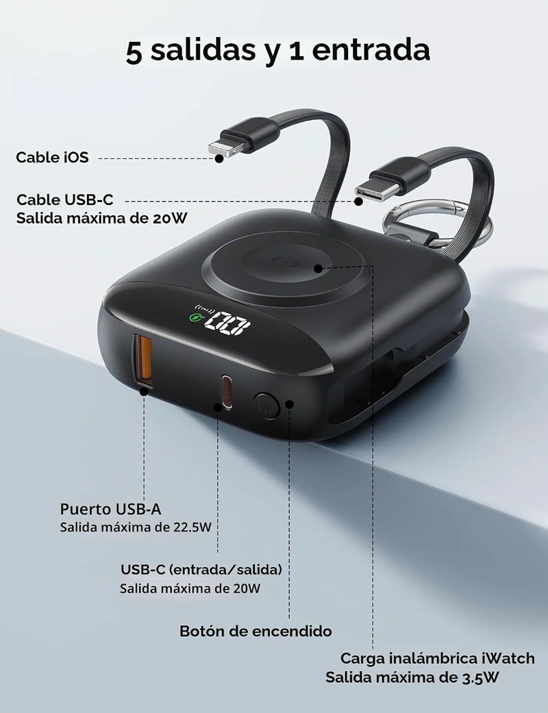 CARGADOR PORTATIL CON CARGADOR PORTATIL, BATERIA DE CARGA RAPIDA DE 10000 MAH CON CABLES - 4