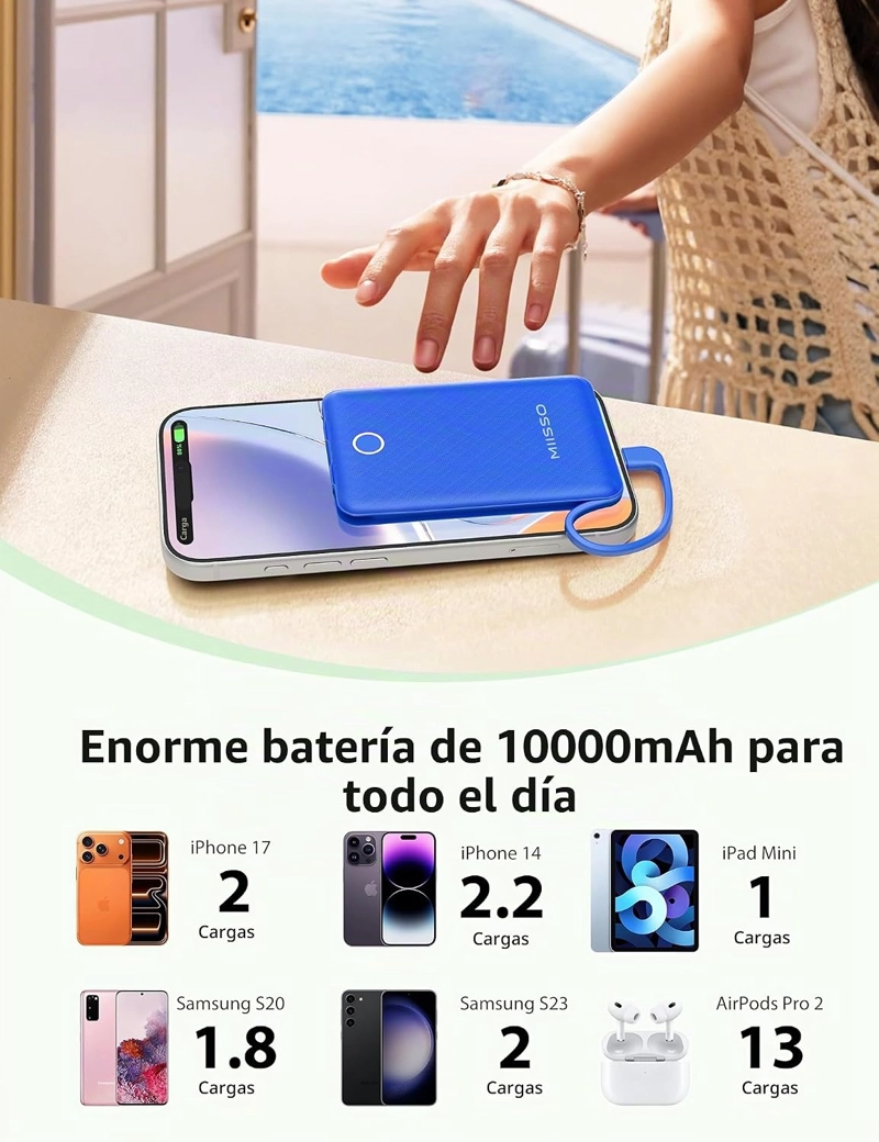 MIISSO CARGADOR PORTATIL MINI DE 10000MAH CON CABLE INCORPORADO, BANCO DE ENERGIA DE TAMAÑO - 3