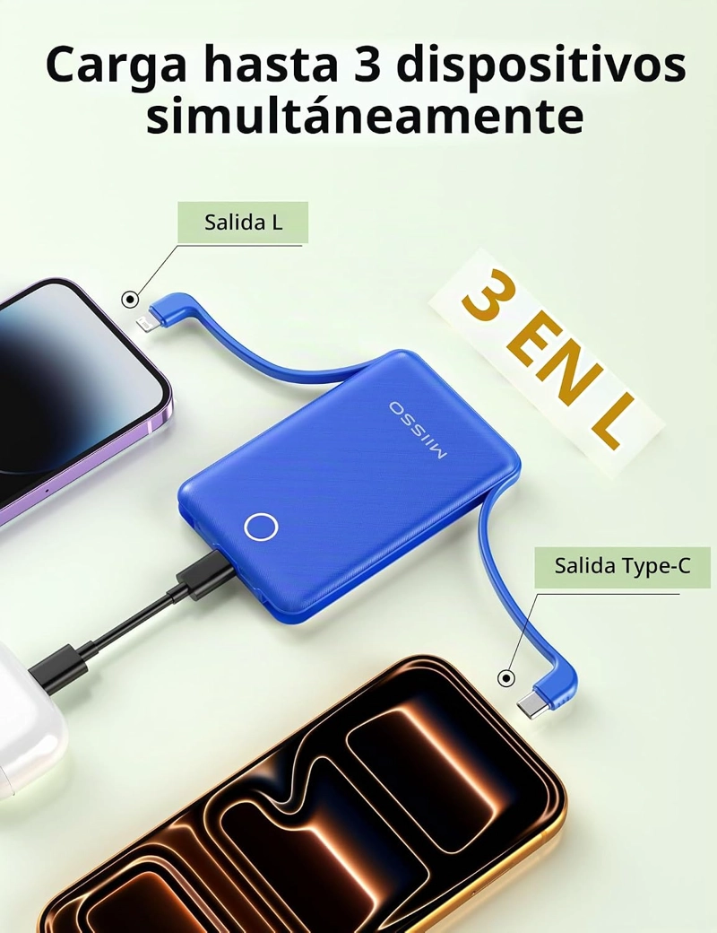 MIISSO CARGADOR PORTATIL MINI DE 10000MAH CON CABLE INCORPORADO, BANCO DE ENERGIA DE TAMAÑO - 5