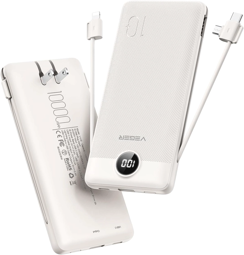 VEGER CARGADOR PORTATIL CON ENCHUFE DE CA INTEGRADO Y CABLES, TODO EN UNO 10000MAH BATERIA EXTERNA - 1