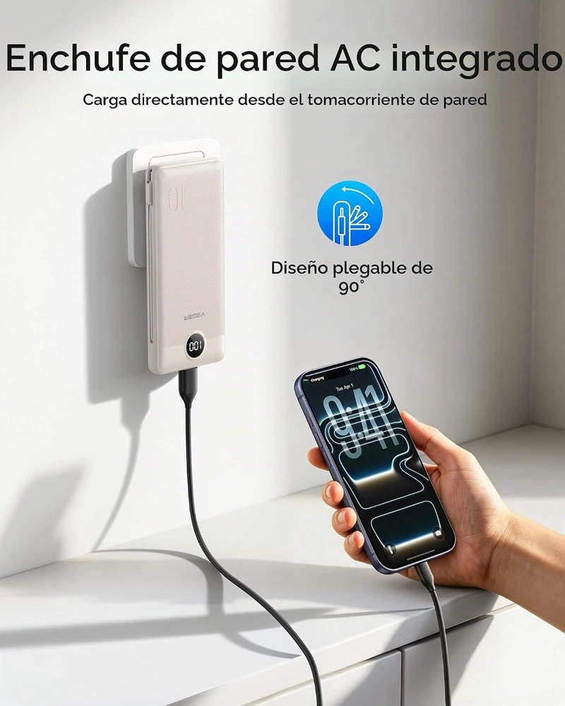 VEGER CARGADOR PORTATIL CON ENCHUFE DE CA INTEGRADO Y CABLES, TODO EN UNO 10000MAH BATERIA EXTERNA - 2