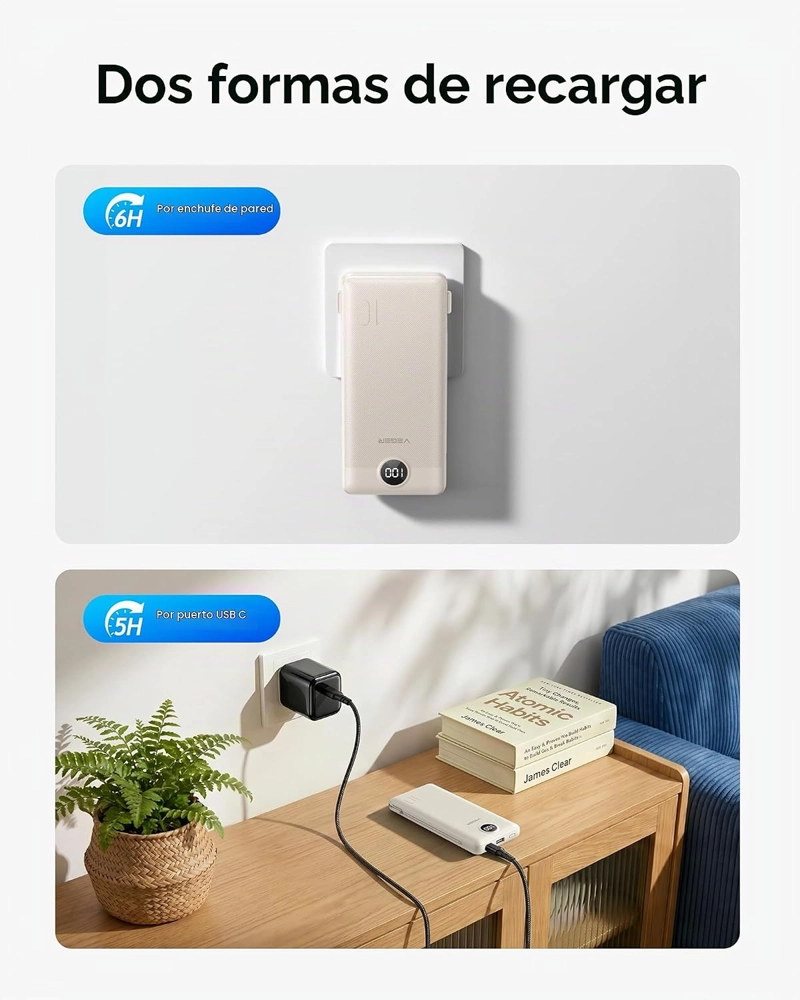 VEGER CARGADOR PORTATIL CON ENCHUFE DE CA INTEGRADO Y CABLES, TODO EN UNO 10000MAH BATERIA EXTERNA - 5