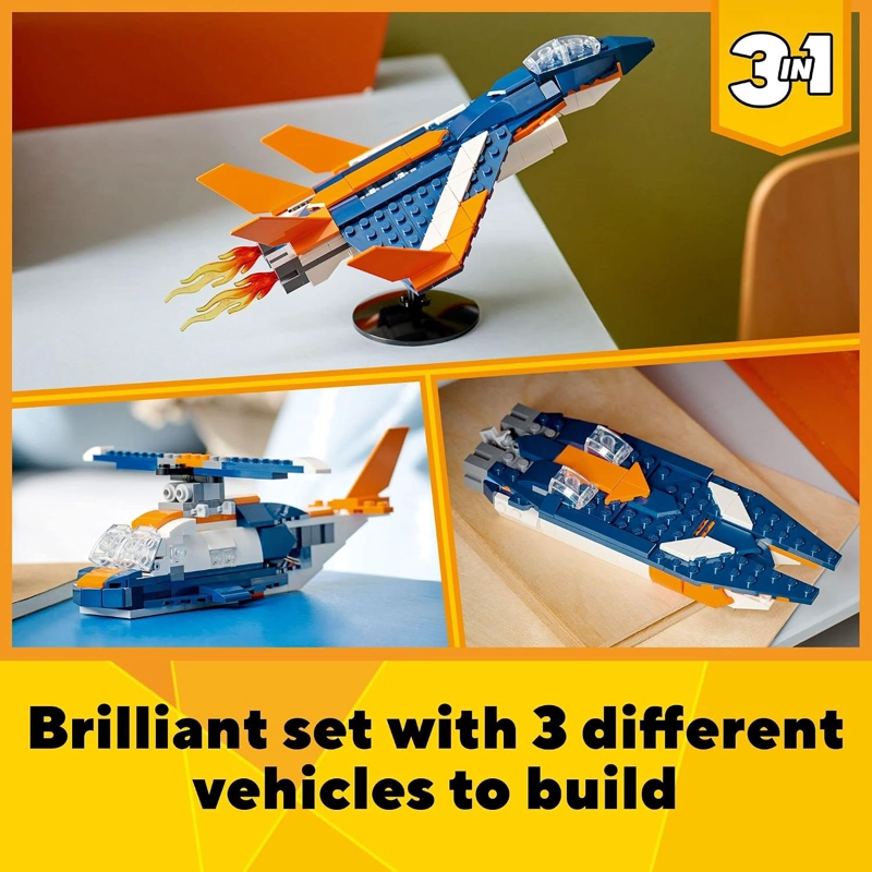 LEGO CREATOR 3 EN 1 - JUEGO DE JUGUETE DE AVION SUPERSONICO, A HELICOPTERO A LANCHA DE VELOCIDAD, - 2