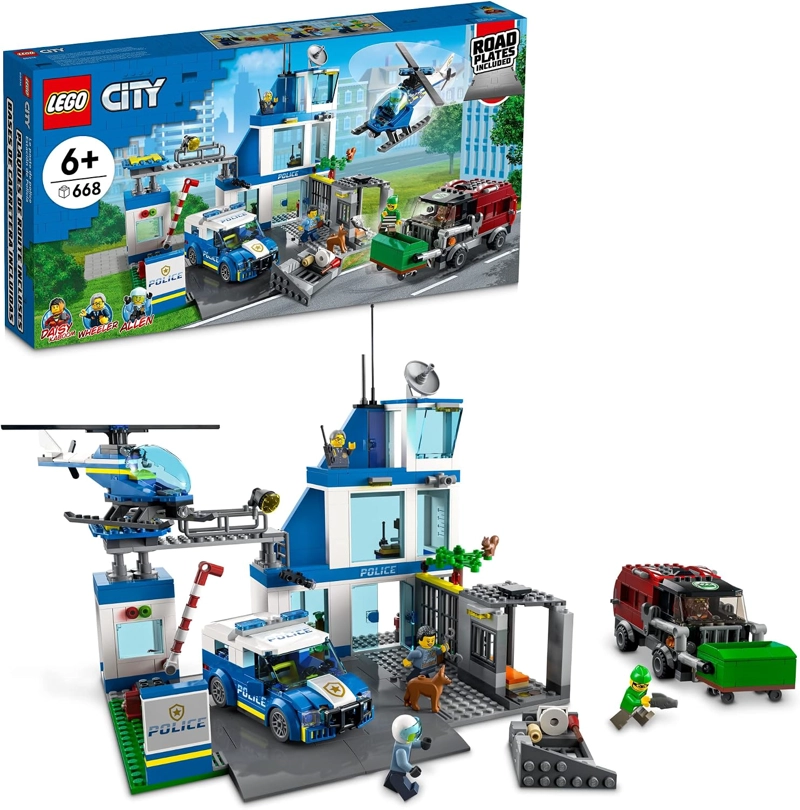 LEGO ESTACION DE POLICIA DE LA CIUDAD CON FURGONETA, CAMION DE BASURA Y JUGUETE DE HELICOPTERO - 1