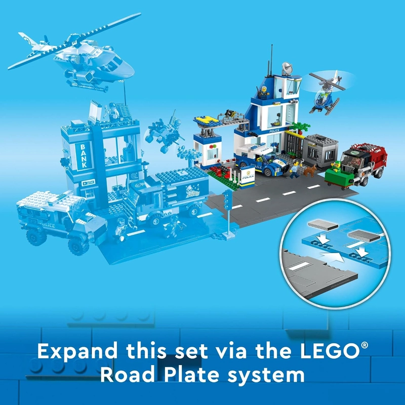 LEGO ESTACION DE POLICIA DE LA CIUDAD CON FURGONETA, CAMION DE BASURA Y JUGUETE DE HELICOPTERO - 5