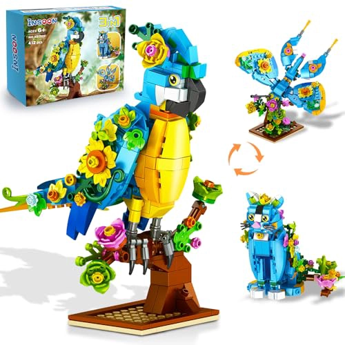 INSOON JUEGO DE CONSTRUCCION 3 EN 1 DE FLOR GATO LORO Y MARIPOSA FIGURAS DE ANIMALES JUGUETE - 1