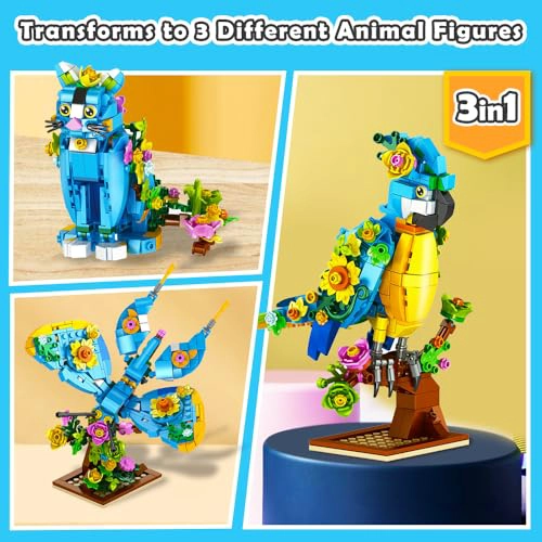 INSOON JUEGO DE CONSTRUCCION 3 EN 1 DE FLOR GATO LORO Y MARIPOSA FIGURAS DE ANIMALES JUGUETE - 2