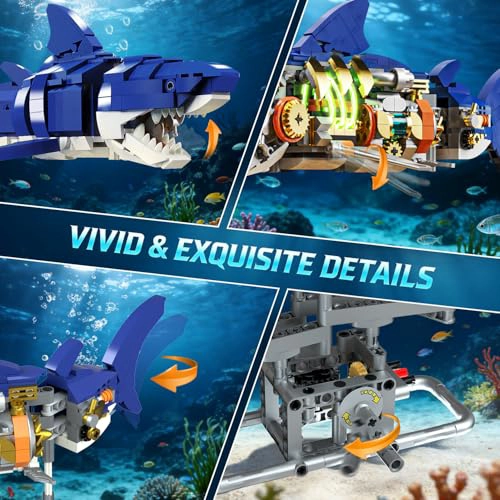 INSOON JUEGO DE CONSTRUCCION MECANICO DE TIBURON CON LUZ LED 687 PIEZAS DE ANIMALES OCEANICOS - 3