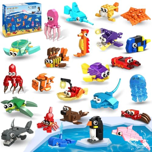 HOGOKIDS PAQUETE DE 24 RECUERDOS DE FIESTA PARA NIÑOS 629 PIEZAS DE MINI ANIMALES MARINOS BLOQUES - 1