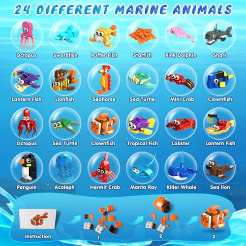 HOGOKIDS PAQUETE DE 24 RECUERDOS DE FIESTA PARA NIÑOS 629 PIEZAS DE MINI ANIMALES MARINOS BLOQUES - 5