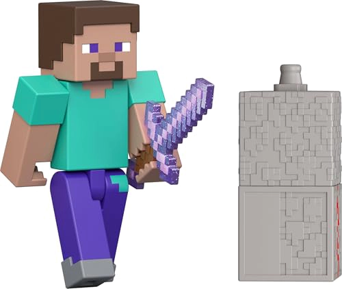JUGUETES MATTEL MINECRAFT FIGURA DE ACCION DE STEVE CON ACCESORIO Y PIEZA DE CONSTRUCCION REDSTONE - 1