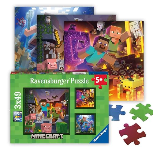 RAVENSBURGER MINECRAFT BIOMES JUEGO DE 3 ROMPECABEZAS DE 49 PIEZAS BOSQUES PIXELADOS OCE ANOS Y MAS - 1