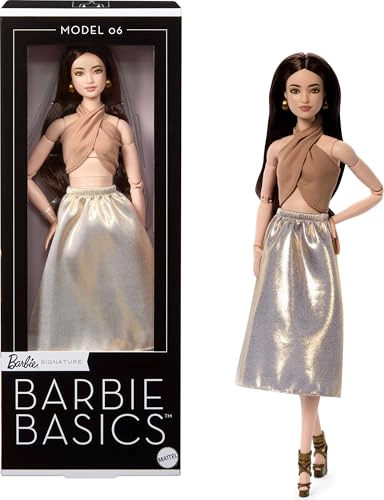 BARBIE BASICS MODEL COLLECTOR FASHION DOLL 06 CON CABELLO MORENO FALDA DORADA BRILLANTE Y HALTER - 1