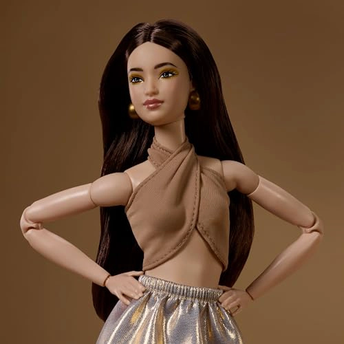 BARBIE BASICS MODEL COLLECTOR FASHION DOLL 06 CON CABELLO MORENO FALDA DORADA BRILLANTE Y HALTER - 3