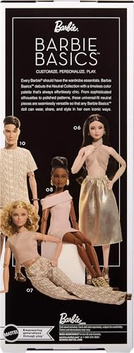 BARBIE BASICS MODEL COLLECTOR FASHION DOLL 06 CON CABELLO MORENO FALDA DORADA BRILLANTE Y HALTER - 6