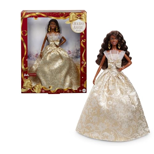 BARBIE MUÑECA DE MODA FESTIVA 2025 CON CABELLO NEGRO CON VESTIDO PLATEADO Y DORADO COLECCIONABLE - 1