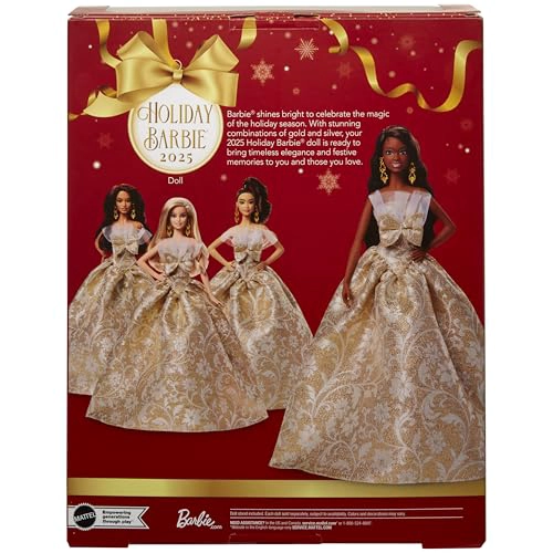 BARBIE MUÑECA DE MODA FESTIVA 2025 CON CABELLO NEGRO CON VESTIDO PLATEADO Y DORADO COLECCIONABLE - 6