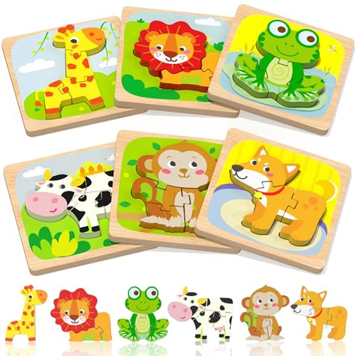 BENRESIVE ROMPECABEZAS DE MADERA PARA NIÑOS PEQUEÑOS 6 PIEZAS DE JUGUETES MONTESSORI DE ANIMALES - 1