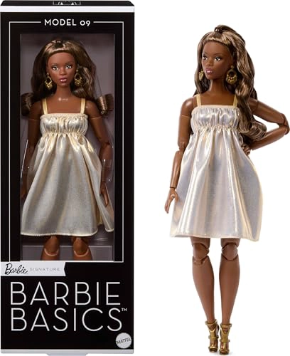 BARBIE BASICS MODEL COLLECTOR FASHION DOLL 09 CON PELO MORENO EN VESTIDO DORADO Y TACONES DE TIRAS - 1