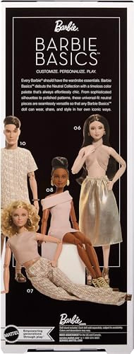 BARBIE BASICS MODEL COLLECTOR FASHION DOLL 09 CON PELO MORENO EN VESTIDO DORADO Y TACONES DE TIRAS - 6